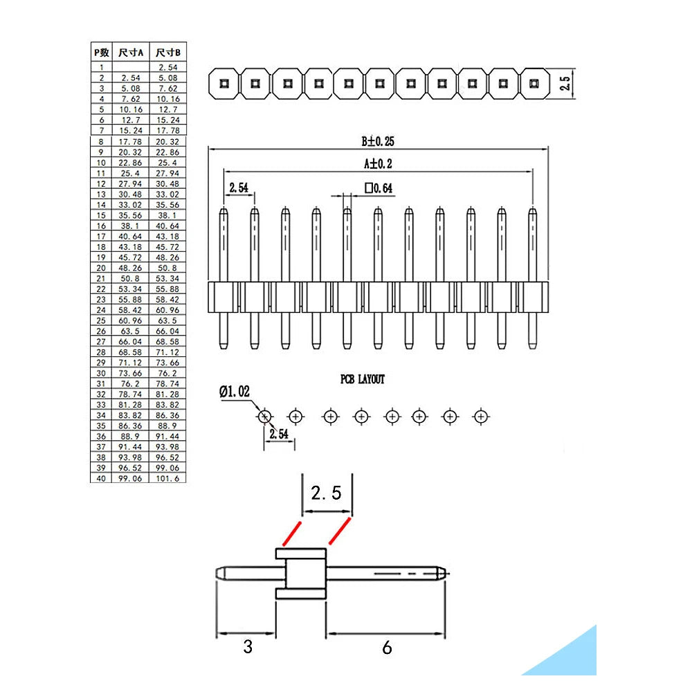 50/20/10Pcs 2.54mm Single Row Male Header Socket